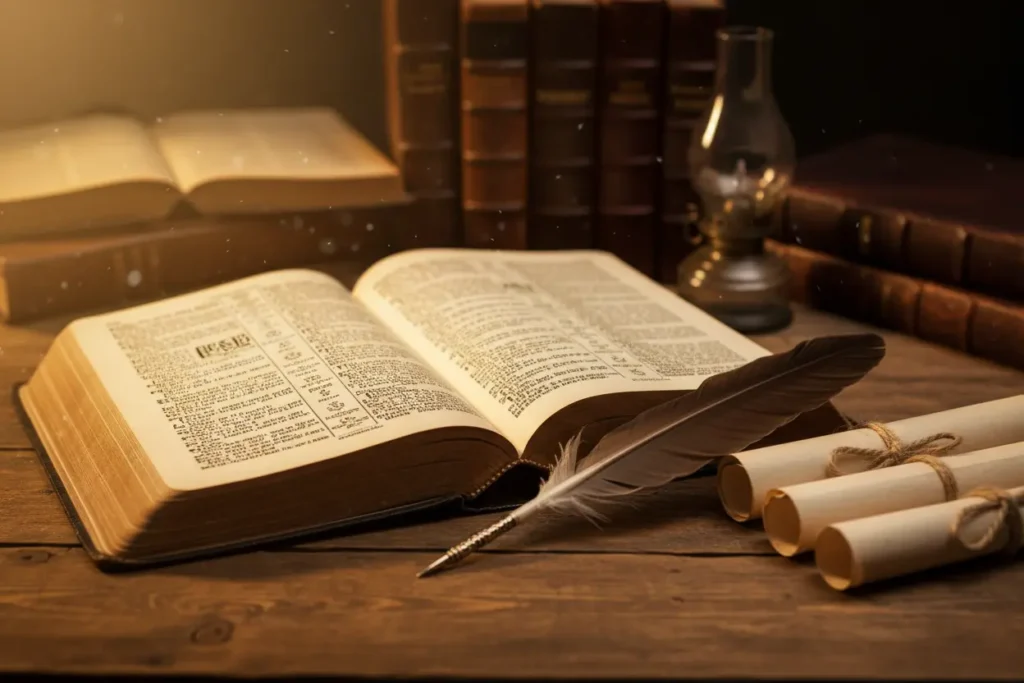 Bíblia antiga aberta com pena e pergaminhos, simbolizando a escrita e a autoria dos textos sagrados.