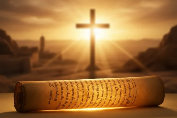 Antigo pergaminho e cruz ao amanhecer, representando a origem do cristianismo.