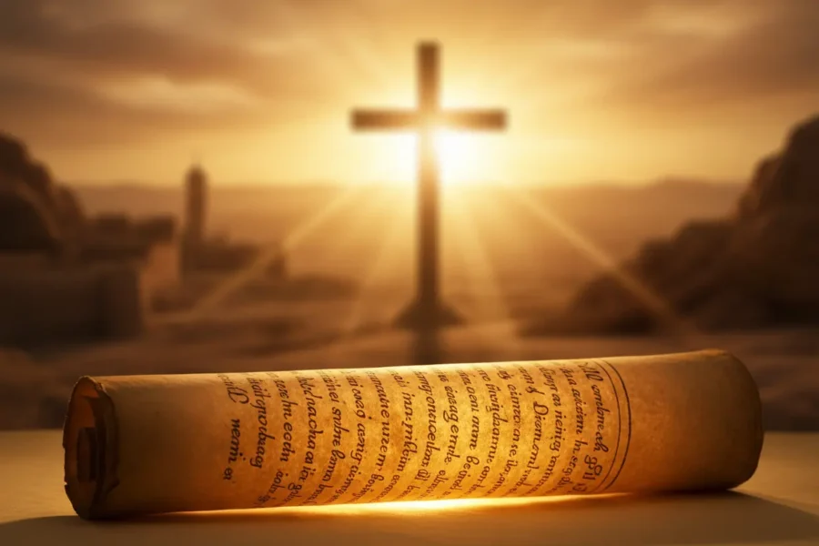 Antigo pergaminho e cruz ao amanhecer, representando a origem do cristianismo.