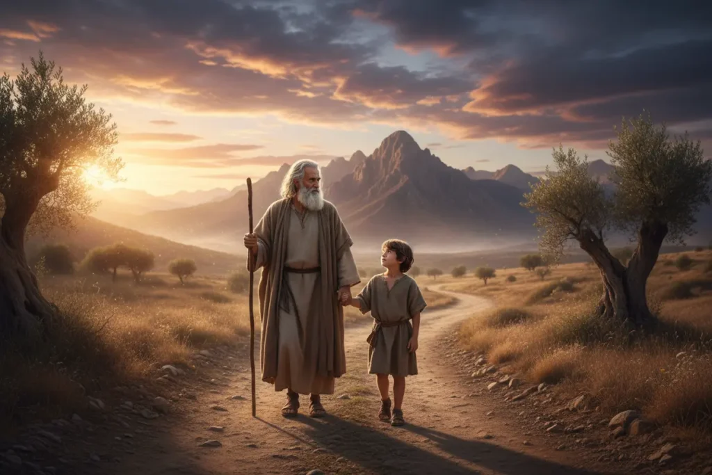 Abraão e Isaque caminhando juntos, símbolo de fé e obediência.