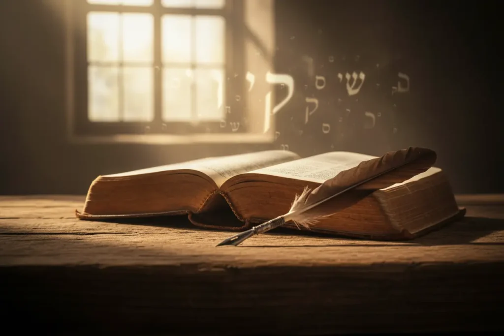 Uma Bíblia aberta sob luz divina, explorando o significado dos nomes bíblicos.