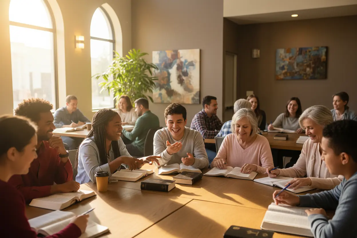 Fé e Inspiração Hoje Comunidade estudando a Bíblia, inspiração para a fé.