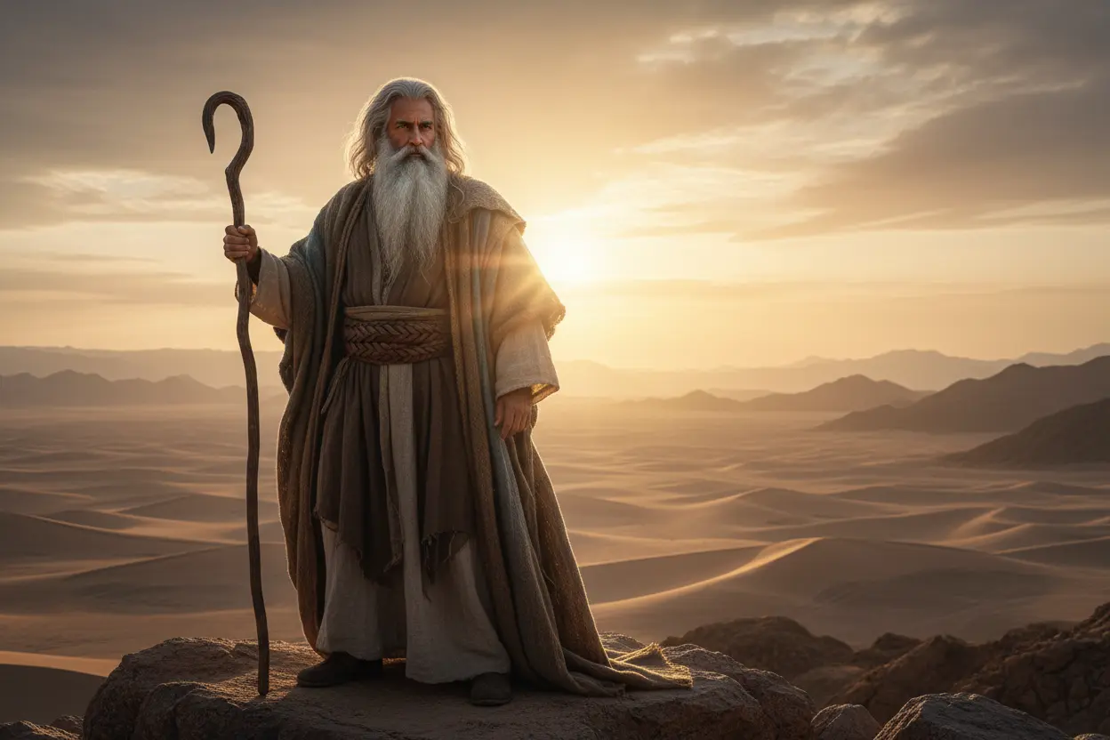 Heróis da Fé Antiga Homem sábio em deserto, representando heróis bíblicos.