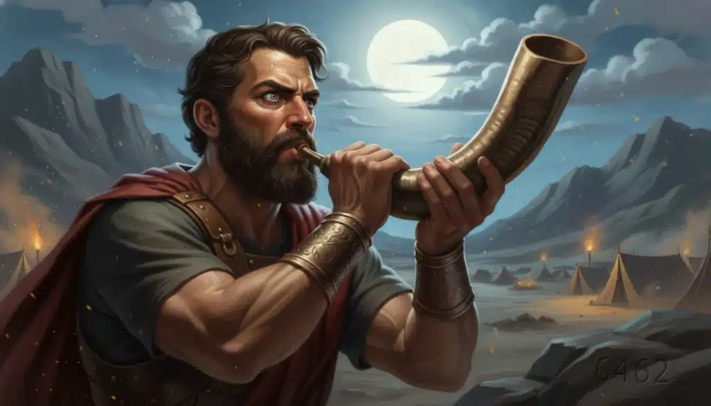 Gideão tocando a trombeta com seus 300 soldados