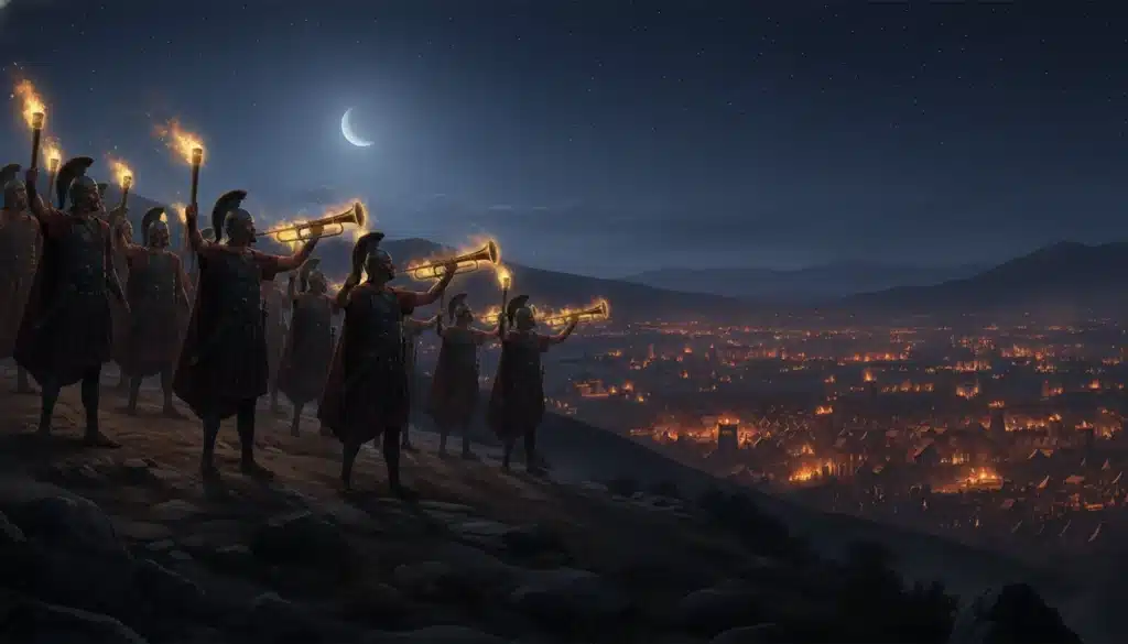 Exército de Gideão com tochas e cântaros na noite