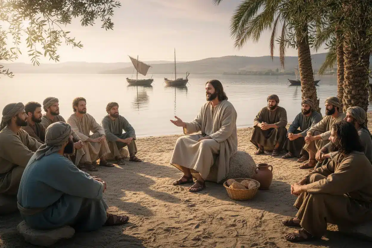 Jesus e Seus Discípulos Jesus ensinando à beira do Mar da Galileia.