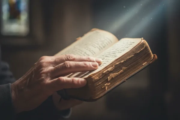 Mão segurando Bíblia antiga, simbolizando a fé apostólica.