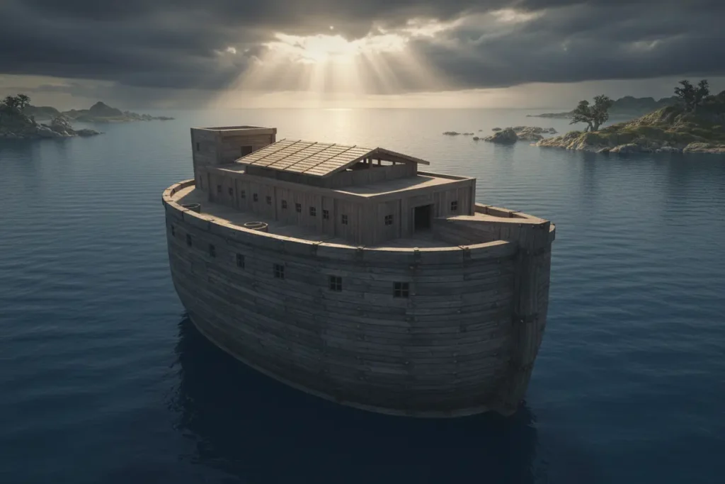 Arca de Noé flutuando sobre as águas do dilúvio.