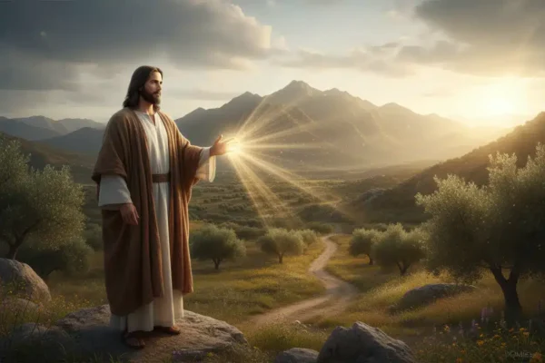 Jesus Christ stretching out his hand to the mountains, symbolizing faith and miracles.