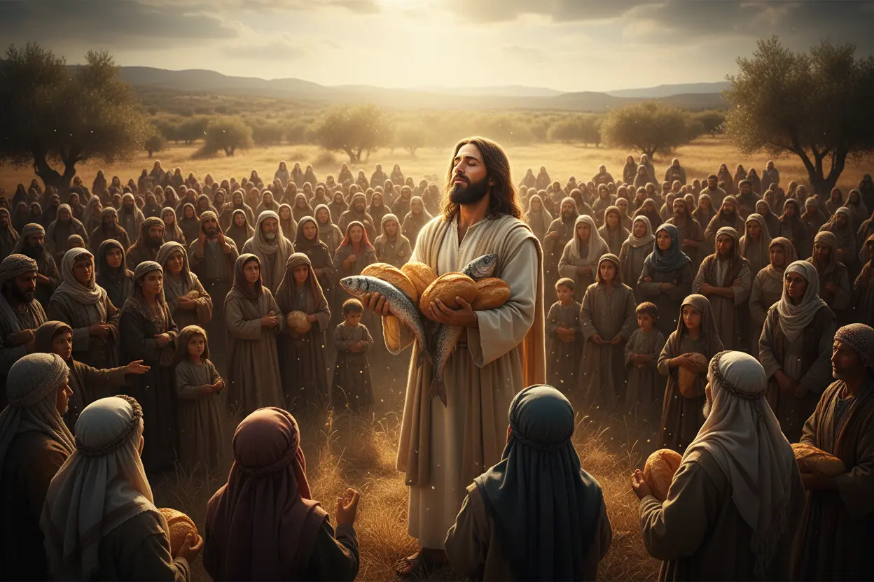 Abundância Divina: Pães e Peixes Jesus multiplicando pães e peixes para a multidão.