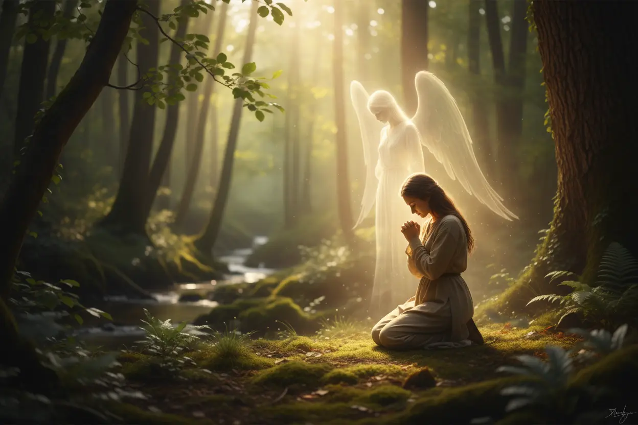 Anjo protetor velando sobre uma pessoa orando