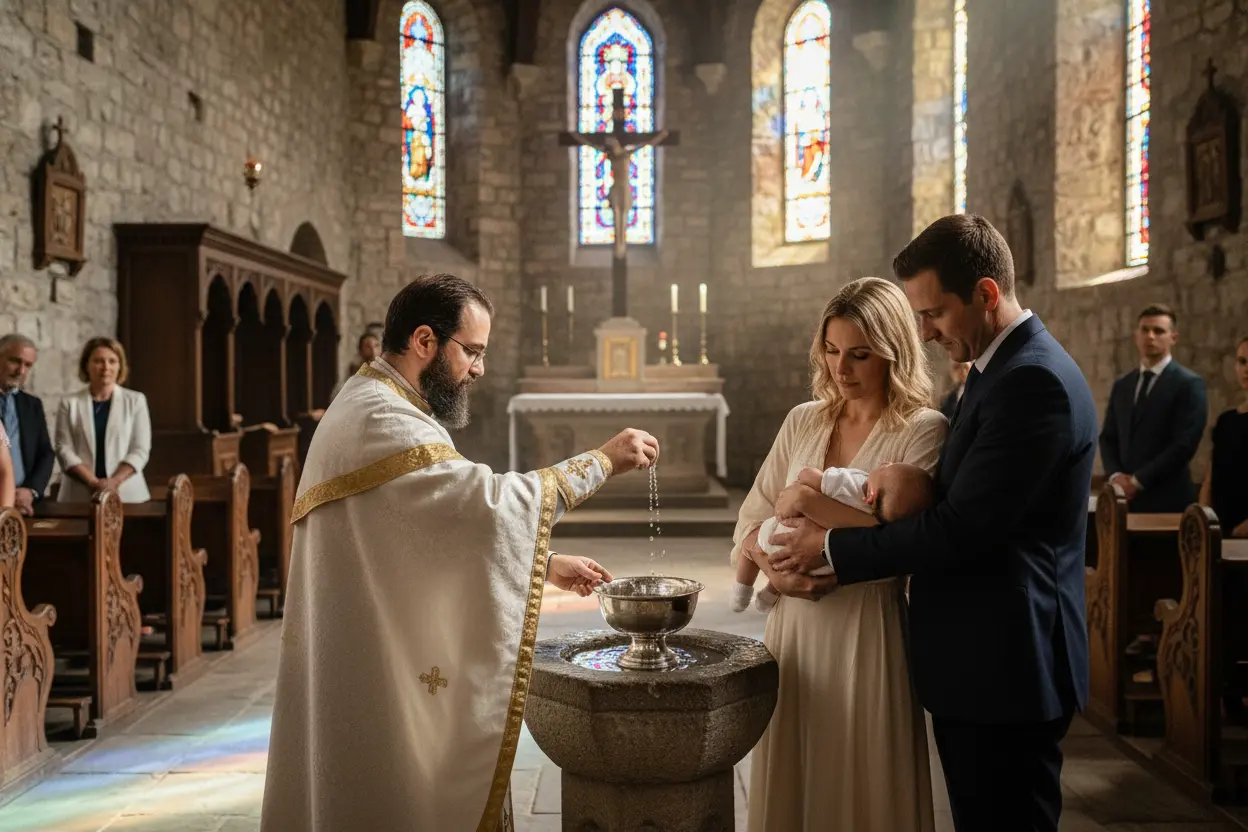 Batismo Cristão! Sacramento Padre batizando um bebê em uma igreja cristã.