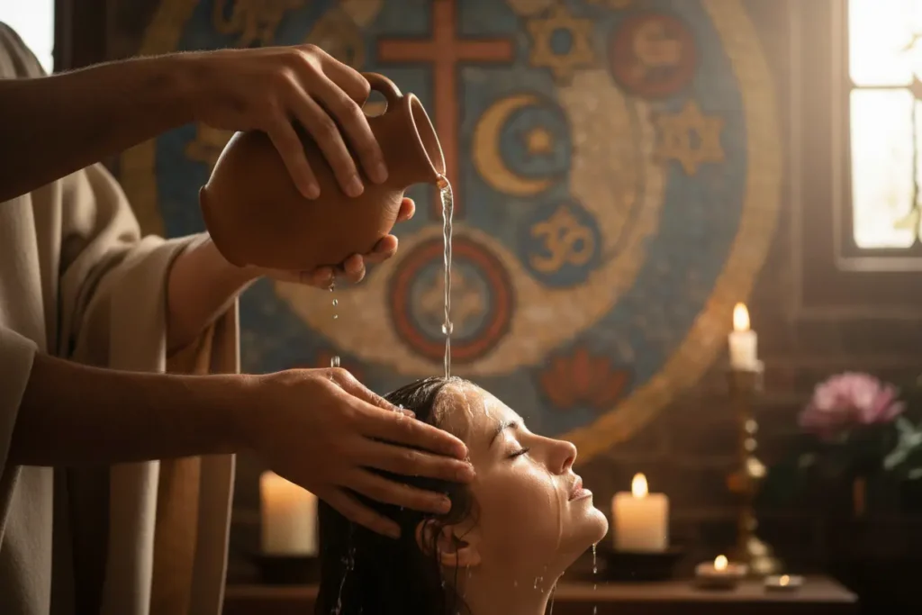 Mãos derramando água em um batismo, representando renovação espiritual.