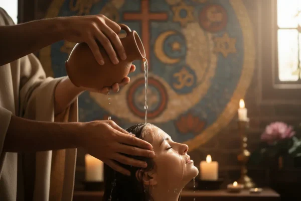 Mãos derramando água em um batismo, representando renovação espiritual.