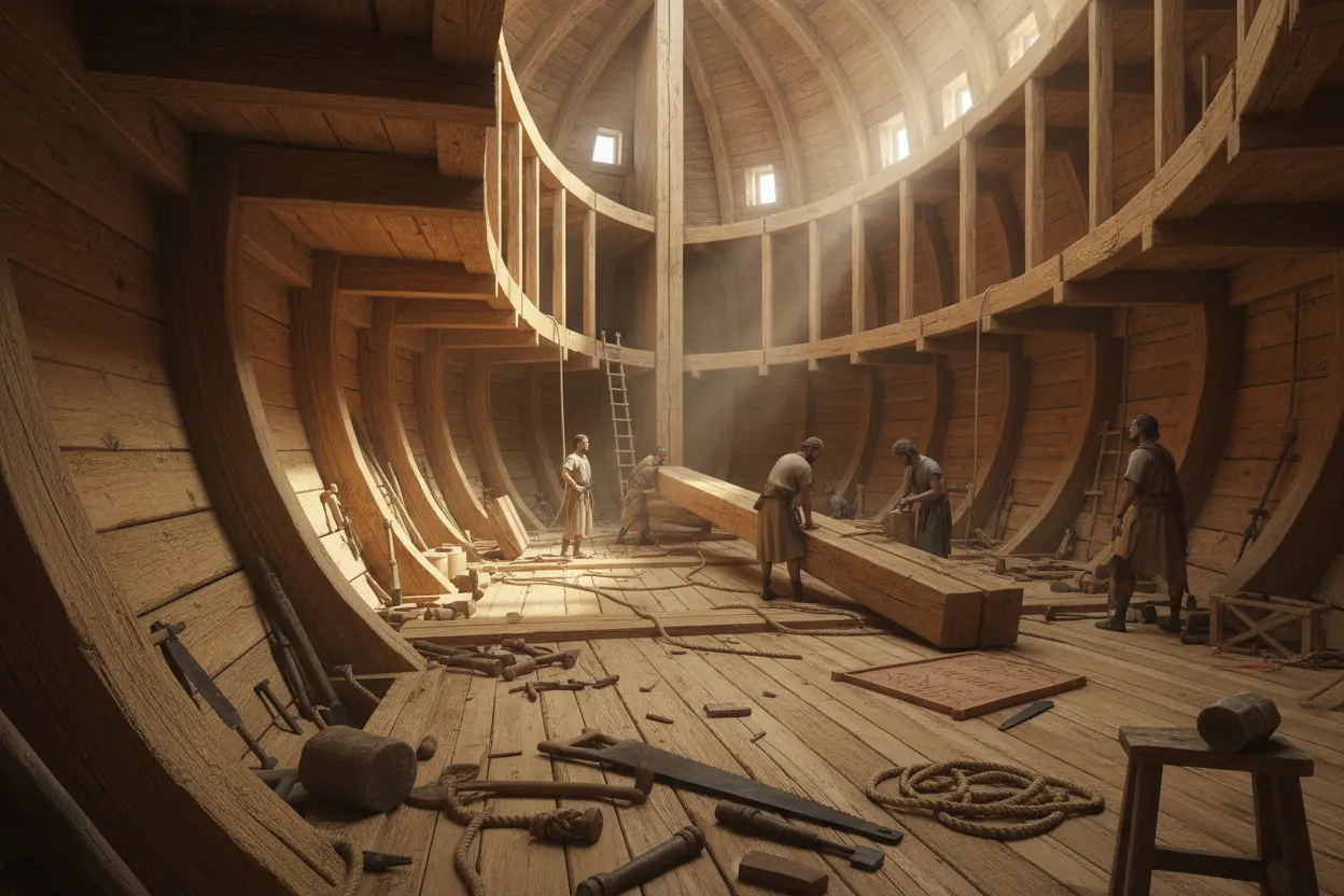 Interior da Arca de Noé com detalhes da madeira e estrutura.