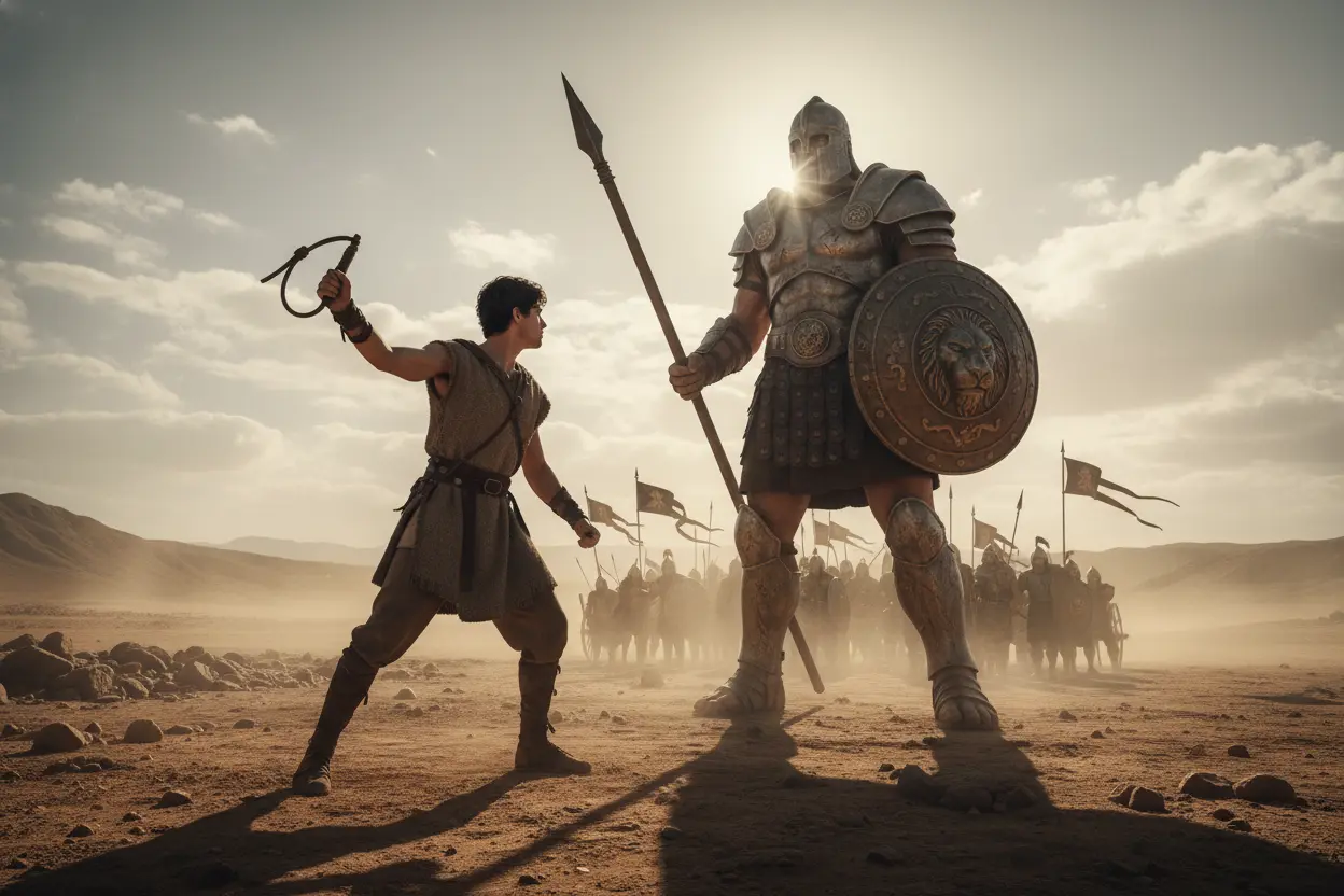 Davi e Golias Confronto Davi enfrentando Golias com sua funda.