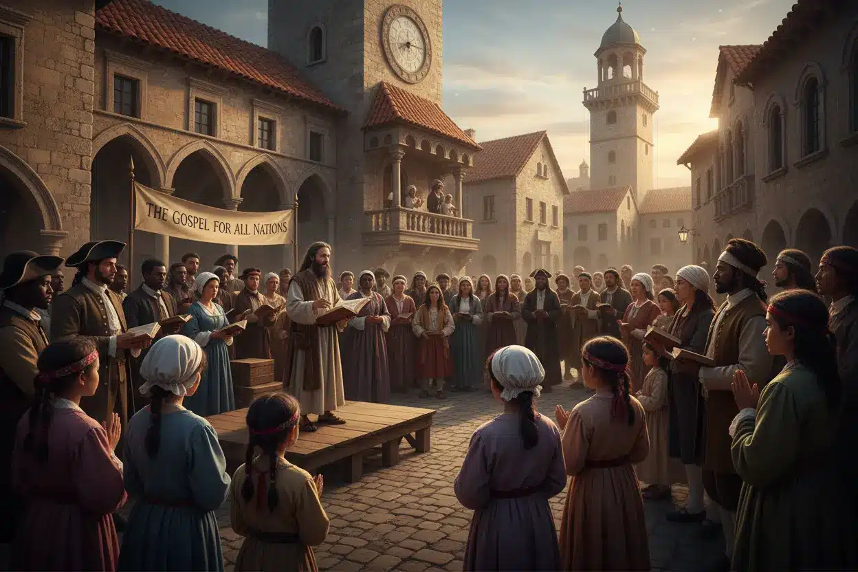 Multidão diversa em praça histórica, ilustrando como surgiram as igrejas evangélicas globalmente.