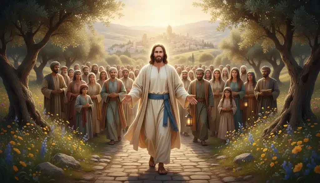 Jesus caminhando com uma multidão ao fundo.