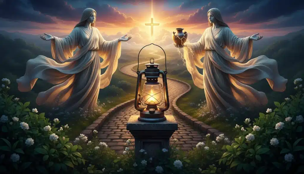 um candelabro com duas figuras de anjos ao fundo