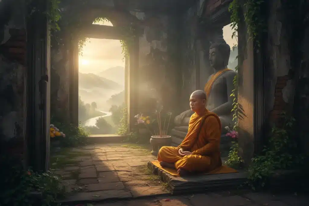 Monge budista meditando em templo ao amanhecer