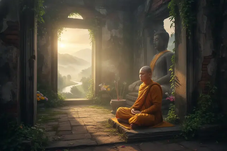 Monge budista meditando em templo ao amanhecer