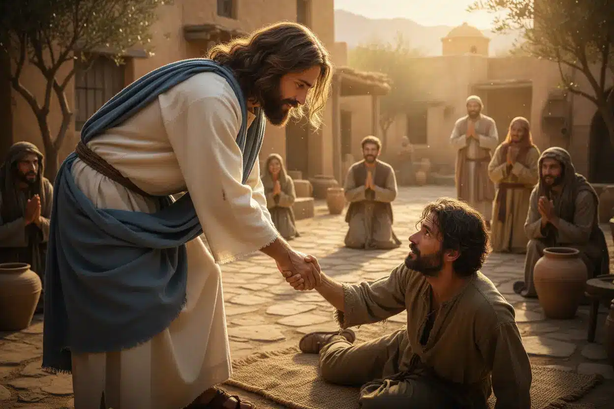 O Toque Curador de Jesus Jesus curando um paralítico, um dos milagres de Jesus Cristo.