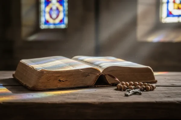 Bíblia antiga aberta, luz, simbolizando as origens evangélicas.