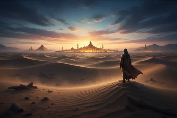 Deserto ao amanhecer, simbolizando as origens do Islamismo.