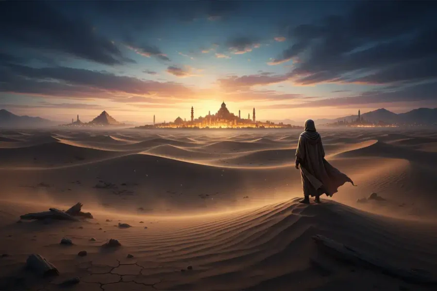 Deserto ao amanhecer, simbolizando as origens do Islamismo.