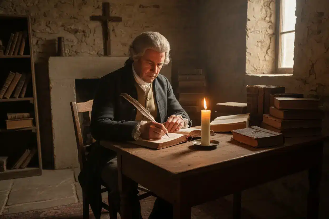 Homem escrevendo à luz de velas, simbolizando as raízes do Pietismo e Metodismo.
