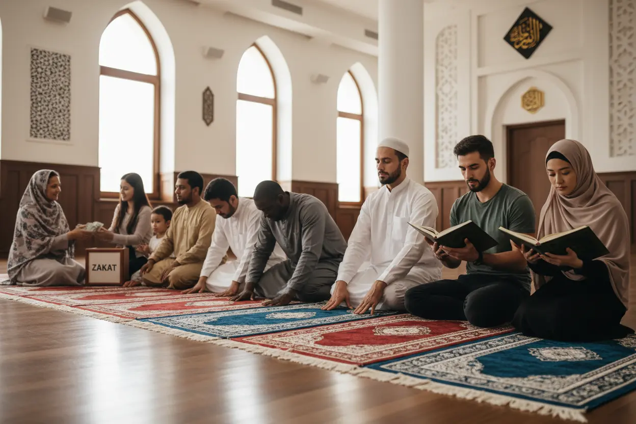 Pilares da Fé Islâmica Pessoas praticando os Cinco Pilares do Islã.