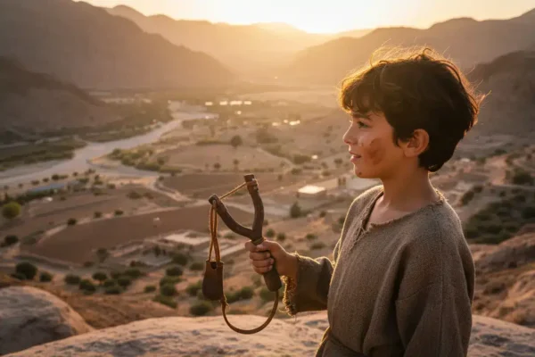 Jovem Davi com funda, olhando para o horizonte.