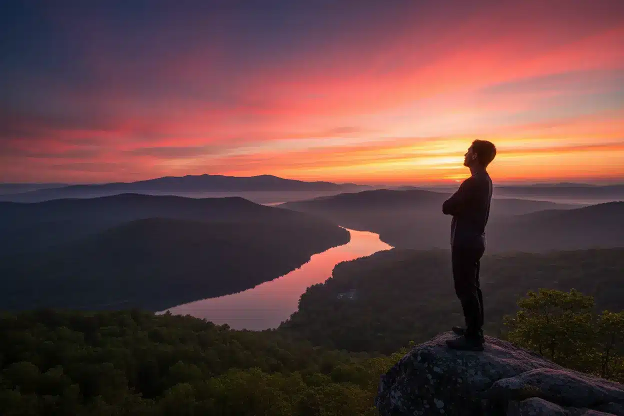 um homem em cima de uma montanha contemplando a paisagem com floresta e um rio a baixo com o céu avermelhado