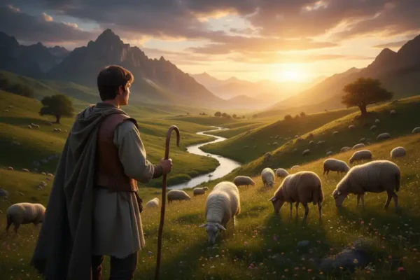 Jovem pastor Davi em um vale ao pôr do sol