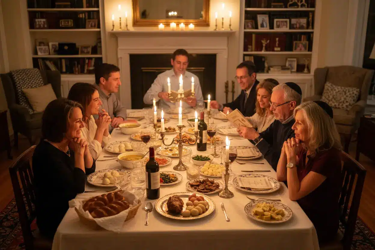Família celebrando a Páscoa judaica com velas e comida.