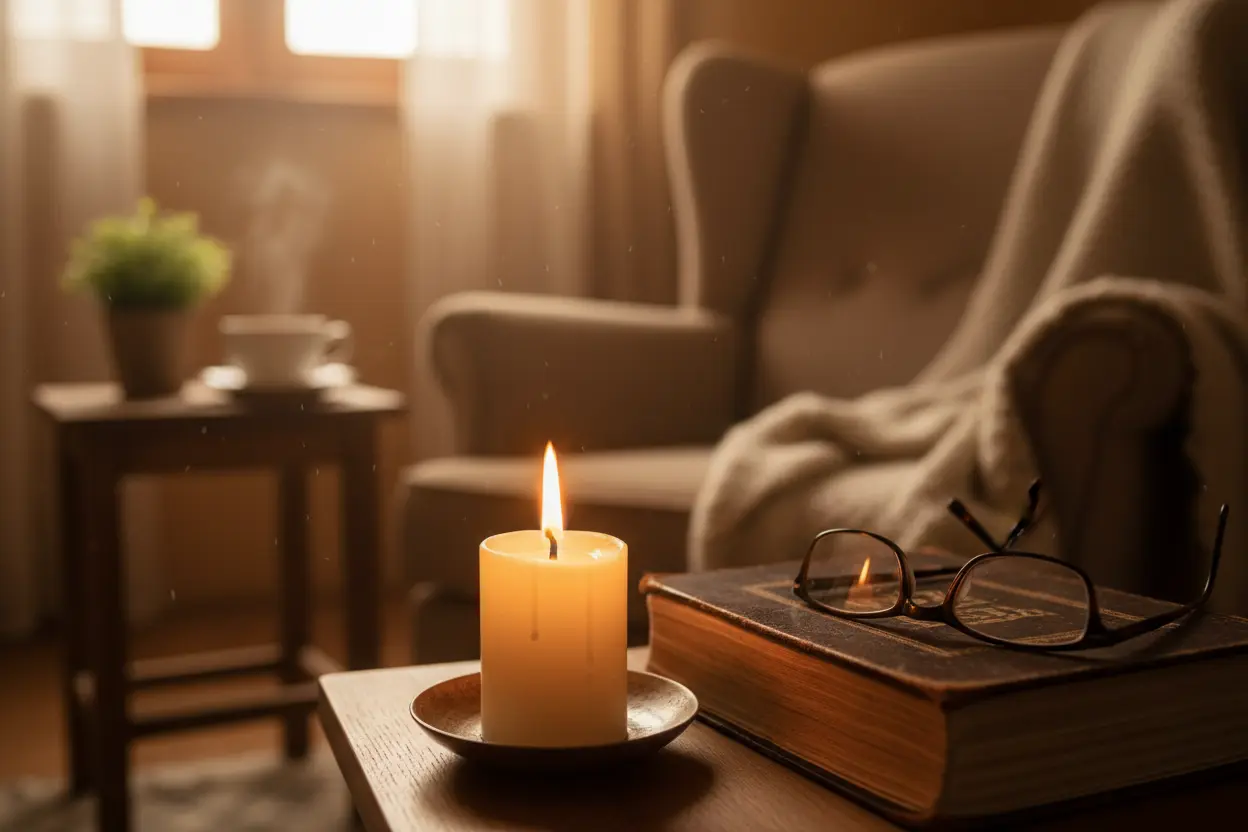 Uma vela em cima de uma mesinha com uma bíblia ao lado com um óculos em cima.