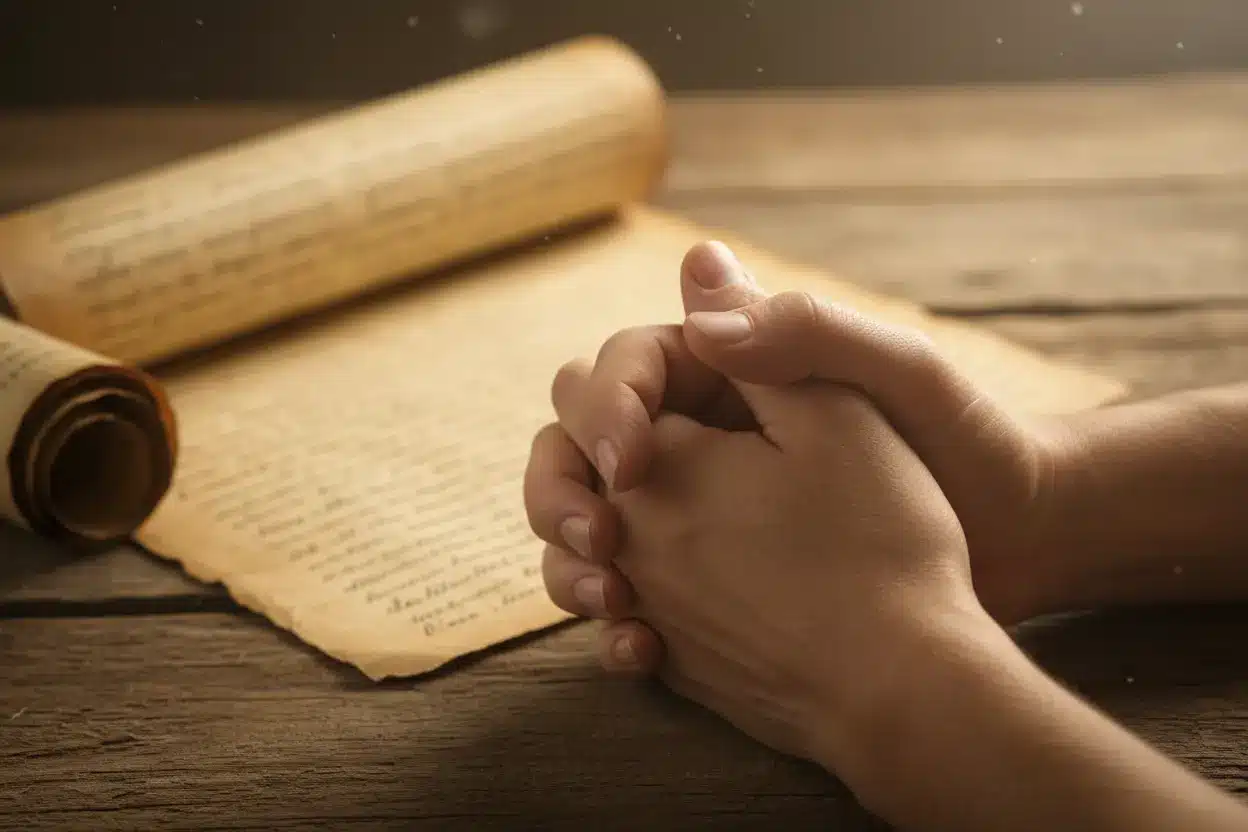 Mãos em oração e pergaminho bíblico