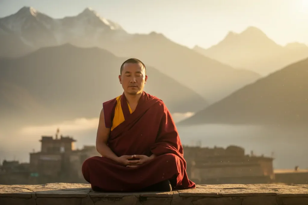 Monge tibetano meditando em um cenário de montanhas.