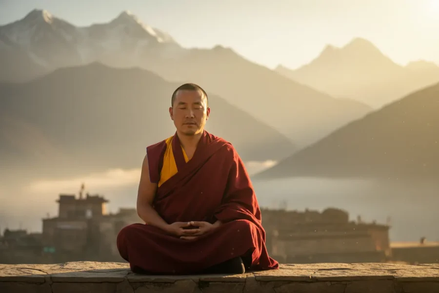 Monje tibetano meditando sobre un fondo de montañas.