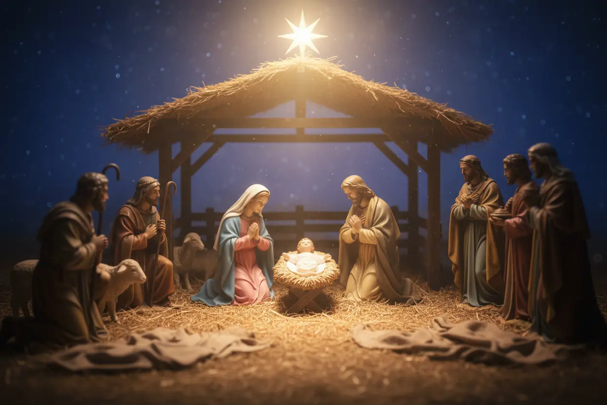imagem de jesus bebe na manjedoura com Maria e Jóse ajoelados perto dele