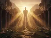Imagem dramática de luz dourada em templo antigo, com figura sombria, representando gigantes bíblicos.