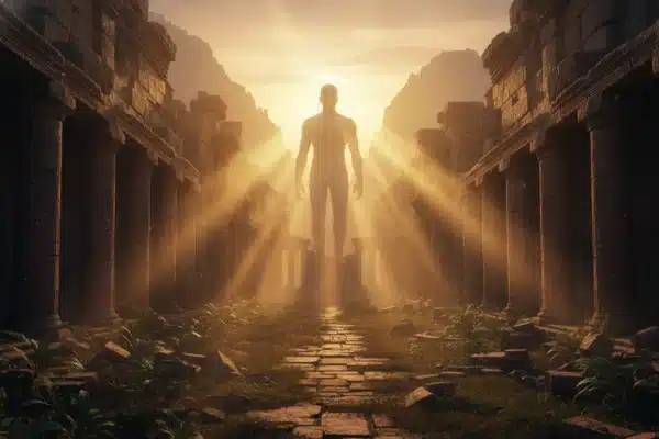 Imagem dramática de luz dourada em templo antigo, com figura sombria, representando gigantes bíblicos.