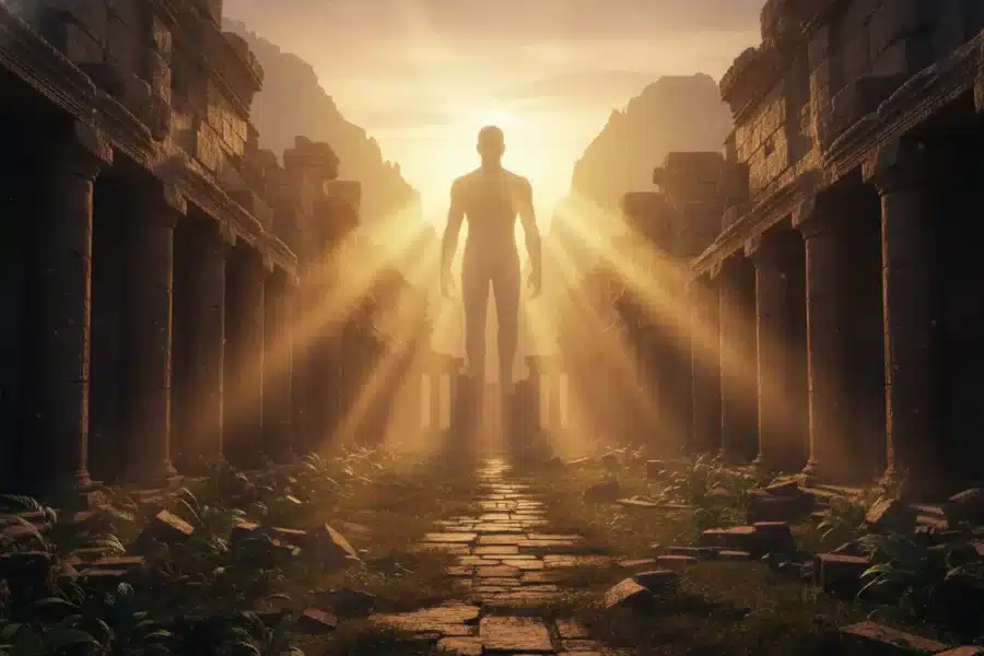 Imagem dramática de luz dourada em templo antigo, com figura sombria, representando gigantes bíblicos.