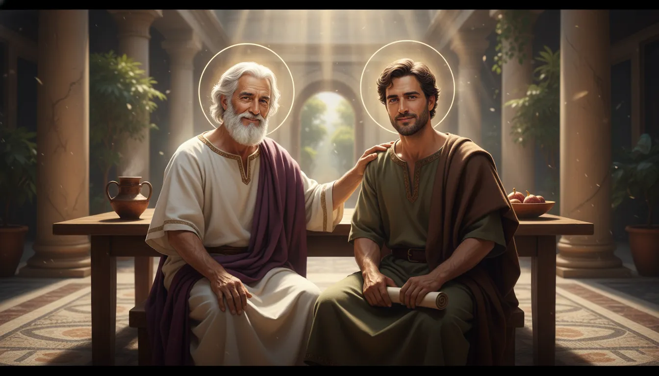 O idoso apóstolo João com a mão no ombro do jovem Gaio, ambos com halos em um pátio romano clássico.