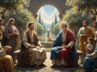 Gaio e o apóstolo João conversam em um jardim bíblico cercados por seguidores sob uma arcada de pedra com chafariz.