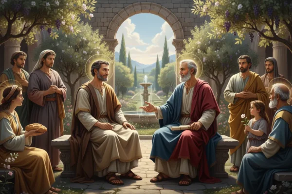 Gaio e o apóstolo João conversam em um jardim bíblico cercados por seguidores sob uma arcada de pedra com chafariz.