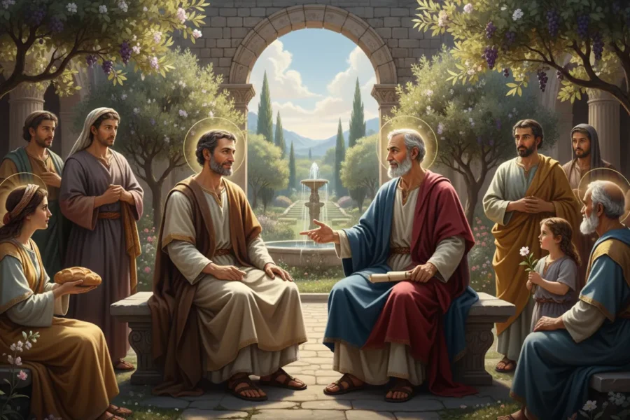 Gaio e o apóstolo João conversam em um jardim bíblico cercados por seguidores sob uma arcada de pedra com chafariz.