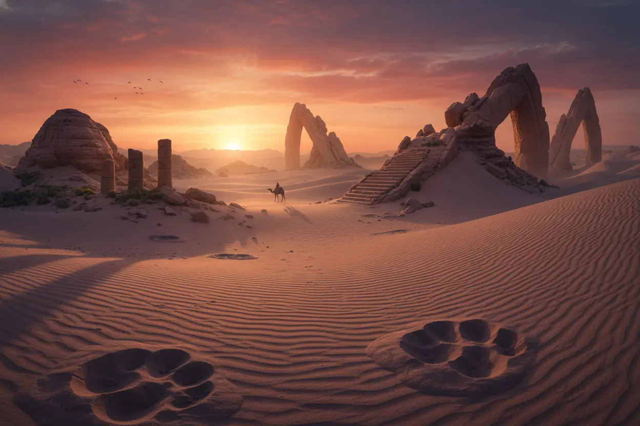 Paisagem desértica ao pôr do sol com indícios de estruturas colossais, evocando a presença de gigantes bíblicos.