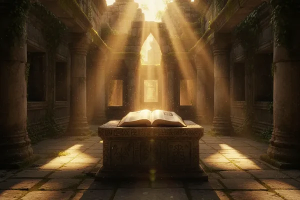 Livro de Provérbios ganhar dinheiro, luz dourada em templo antigo.