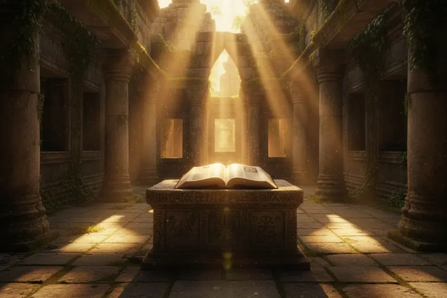 Livro de Provérbios ganhar dinheiro, luz dourada em templo antigo.